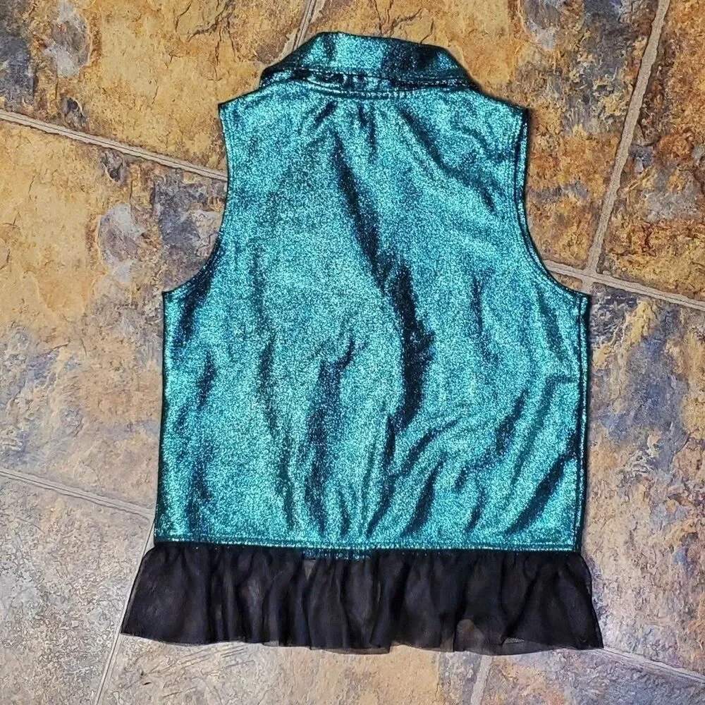 Disney Descendants 3 Girls Sz M 7/8 Teal Sparkle Vest Collar Netted Ruffle